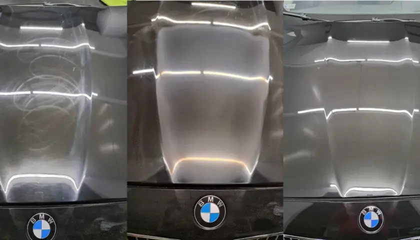 Porównanie maski BMW: przed polerowaniem widać rysy, po - idealny połysk. Dowiedz się, ile kosztuje polerowanie auta u lakiernika.