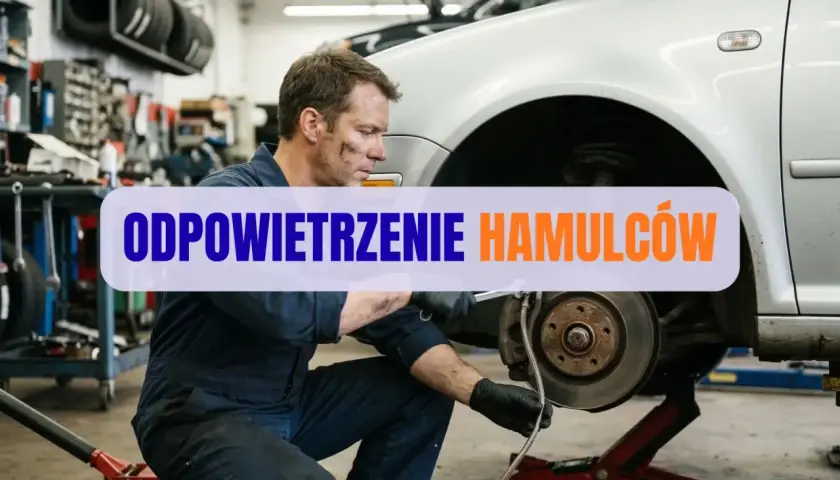 Mechanik wykonuje odpowietrzanie hamulców w samochodzie.
