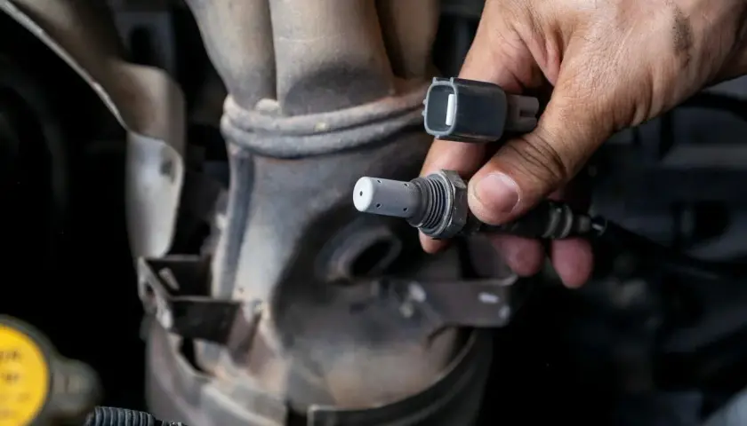 Dłoń mechanika trzyma czujnik położenia wału. Objawy jego awarii mogą być różne, np. nierówna praca silnika.