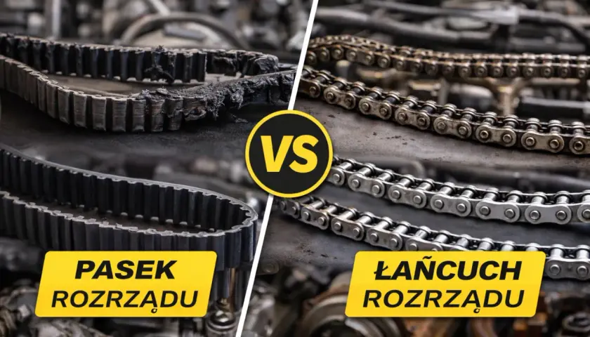 Pasek rozrządu vs łańcuch rozrządu. Widok z bliska na zużyty i nowy pasek rozrządu obok dwóch łańcuchów rozrządu.