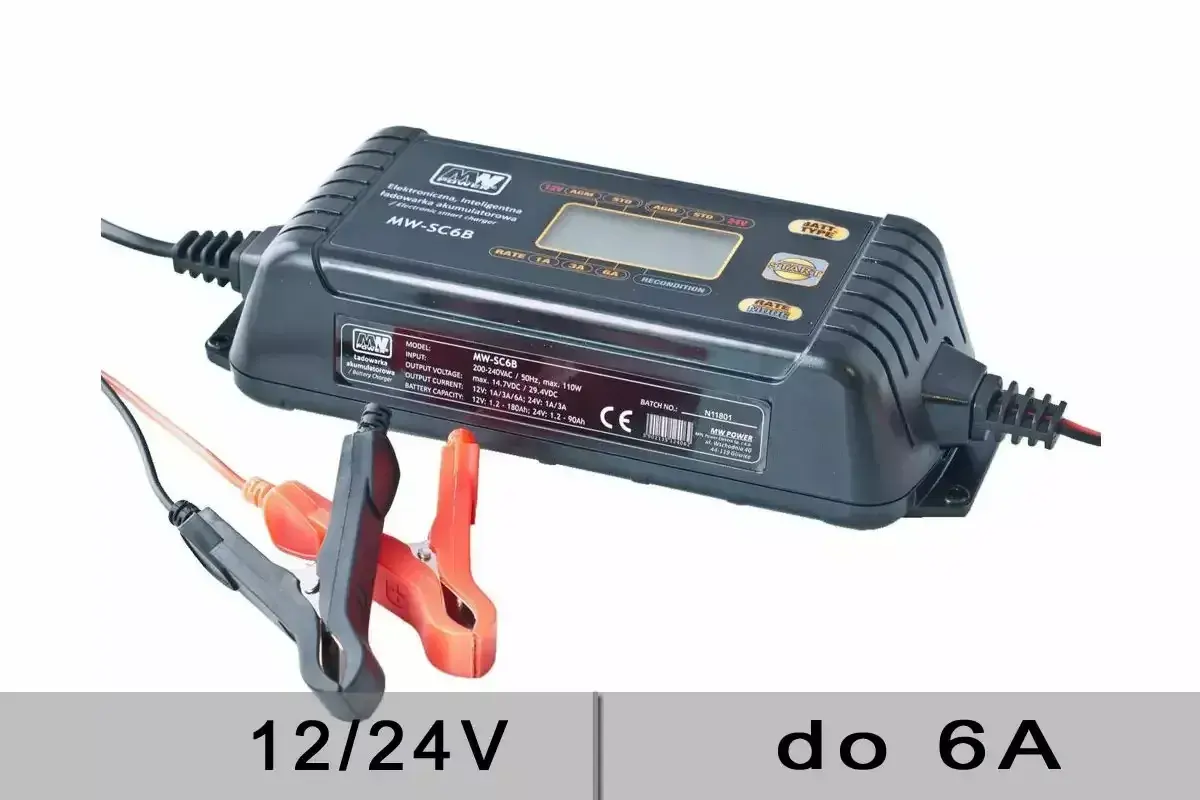 Inteligentna ładowarka MW-SC6B do akumulatorów 12/24V, z możliwością wyboru prądu ładowania do 6A.